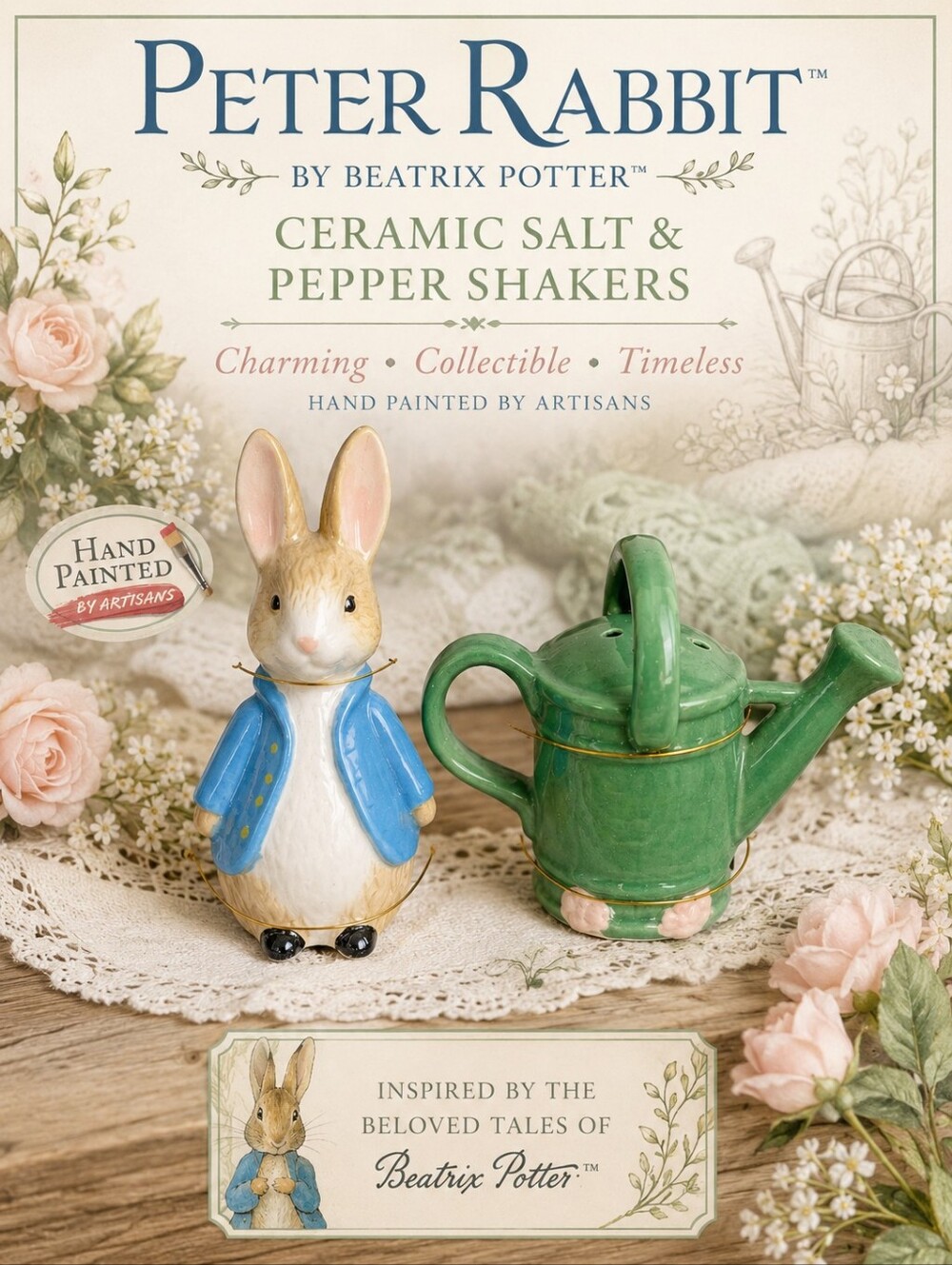 NEW Beatrix Potter Peter Rabbit Salt & Pepper Shaker Set Bunny Water Can
